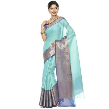 Blue woven art silk saree with blouse 1
