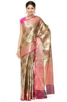 Pink woven art silk saree with blouse