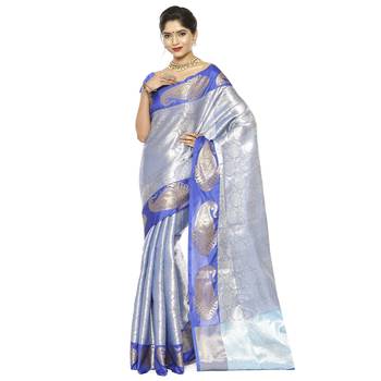 Blue woven art silk saree with blouse 2