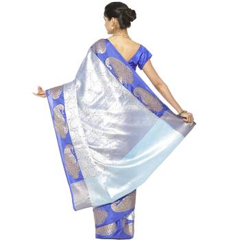Blue woven art silk saree with blouse 3