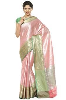 Pink woven art silk saree with blouse