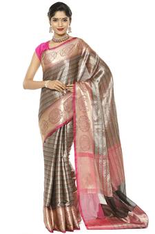 Black woven art silk saree with blouse