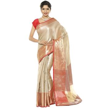 Beige woven art silk saree with blouse 2