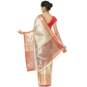 Beige woven art silk saree with blouse 3