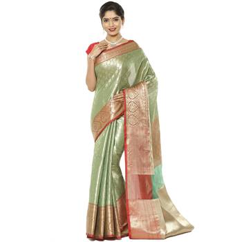 Green woven art silk saree with blouse 1
