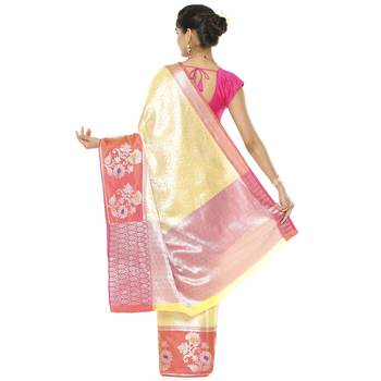 Beige woven art silk saree with blouse 3