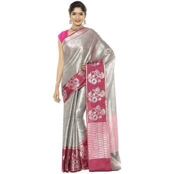 Grey woven art silk saree with blouse 2