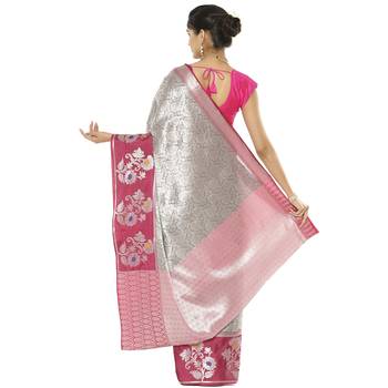Grey woven art silk saree with blouse 3