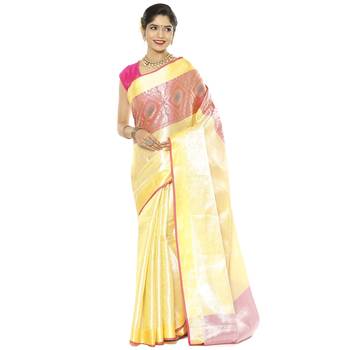 Beige woven art silk saree with blouse 2