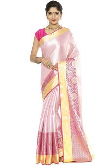 Pink woven art silk saree with blouse