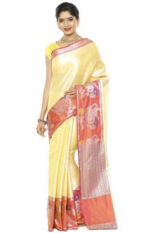 Beige woven art silk saree with blouse