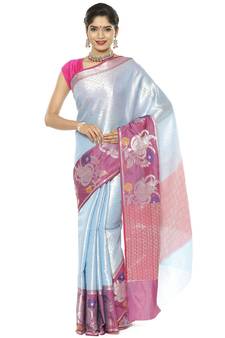 Blue woven art silk saree with blouse