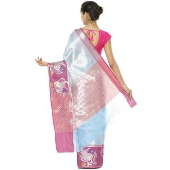 Blue woven art silk saree with blouse 3