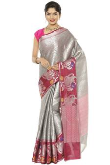 Grey woven art silk saree with blouse