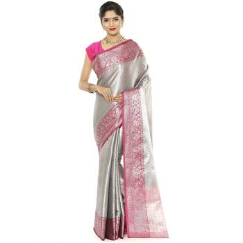 Grey woven art silk saree with blouse 1