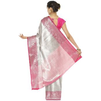 Grey woven art silk saree with blouse 3