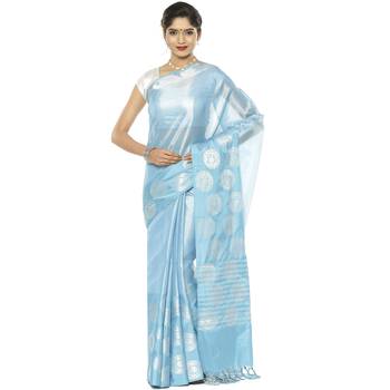 Blue woven art silk saree with blouse 2