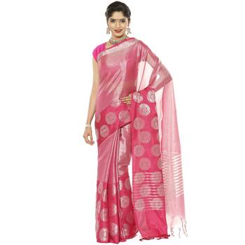 Pink woven art silk saree with blouse 1