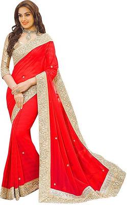 Red Vichitra Silk Blend Saree With Lace And Blouse Piece. 1
