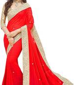 Red Vichitra Silk Blend Saree With Lace And Blouse Piece.