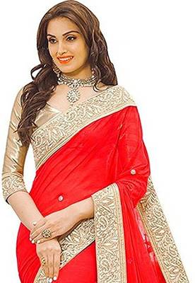 Red Vichitra Silk Blend Saree With Lace And Blouse Piece. 2