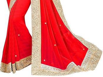 Red Vichitra Silk Blend Saree With Lace And Blouse Piece. 3