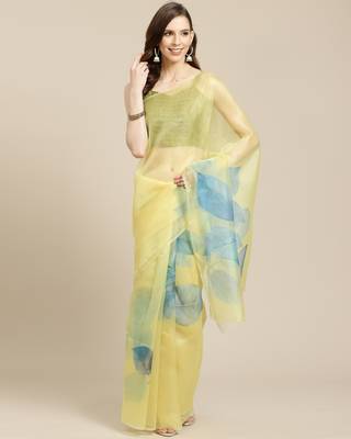   yellow printed organza saree with blouse 1