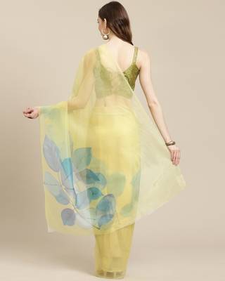   yellow printed organza saree with blouse 2
