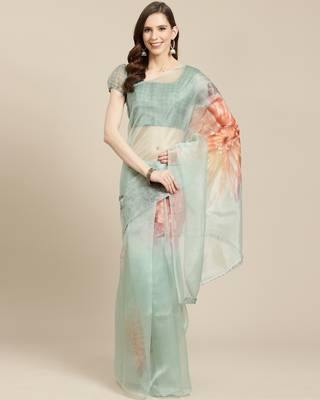   green printed organza saree with blouse 1