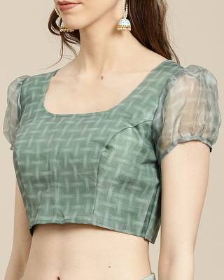   green printed organza saree with blouse 3