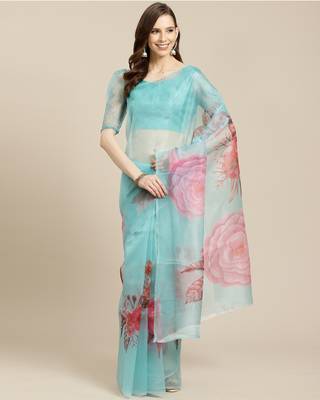 Blue printed organza saree with blouse 1