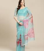 Blue printed organza saree with blouse