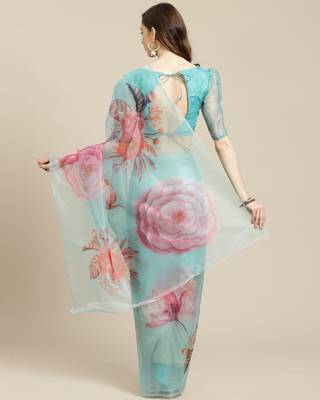 Blue printed organza saree with blouse 2