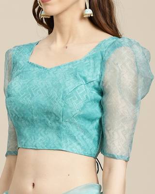 Blue printed organza saree with blouse 3