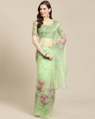   Green Printed Organza Saree With Blouse 1