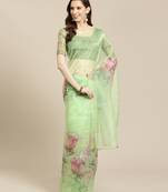   Green Printed Organza Saree With Blouse