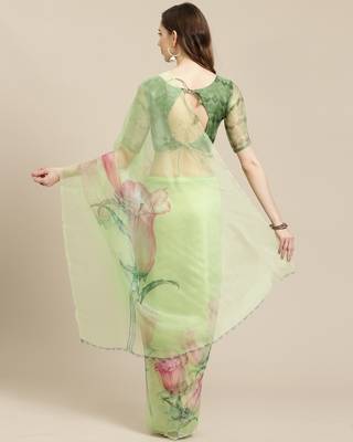  Green Printed Organza Saree With Blouse 2