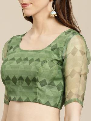   Green Printed Organza Saree With Blouse 3