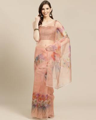   orange printed organza saree with blouse 1
