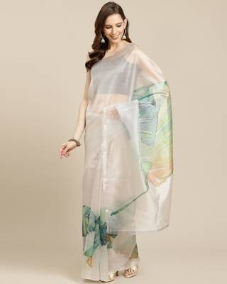   beige printed organza saree with blouse 1