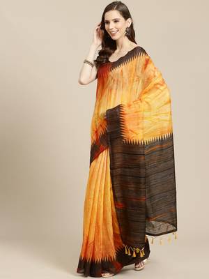   Yellow Printed Linen Saree With Blouse 1