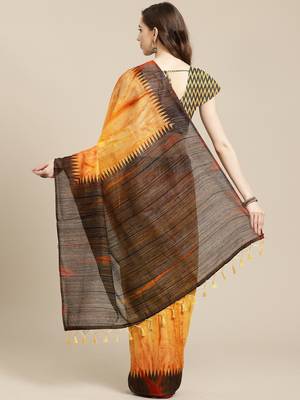   Yellow Printed Linen Saree With Blouse 2