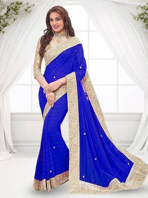 Royal Blue Fancy Fabrics Fancy Lace Saree With Blouse Piece. 1