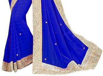 Royal Blue Fancy Fabrics Fancy Lace Saree With Blouse Piece. 3