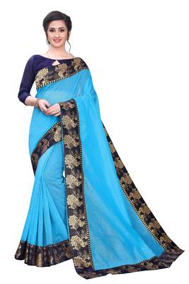 Sky Blue chanderi cotton saree with jacquard lace and banglori silk blouse piece. 1