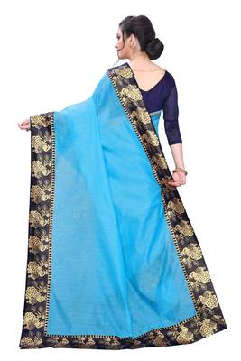 Sky Blue chanderi cotton saree with jacquard lace and banglori silk blouse piece. 2