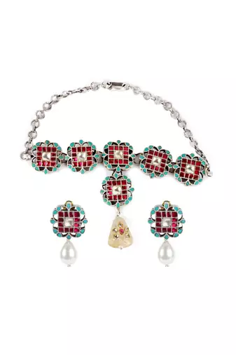 Sangeeta Boochra Silver Necklace And Earrings Set
