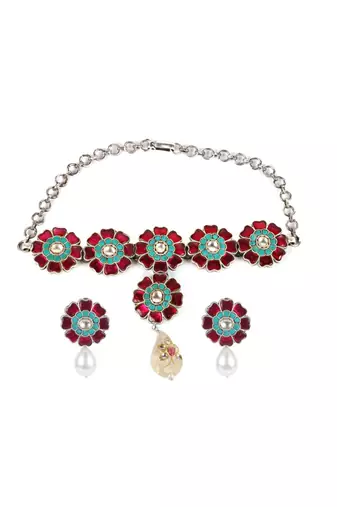 Sangeeta Boochra Silver Necklace And Earrings Set