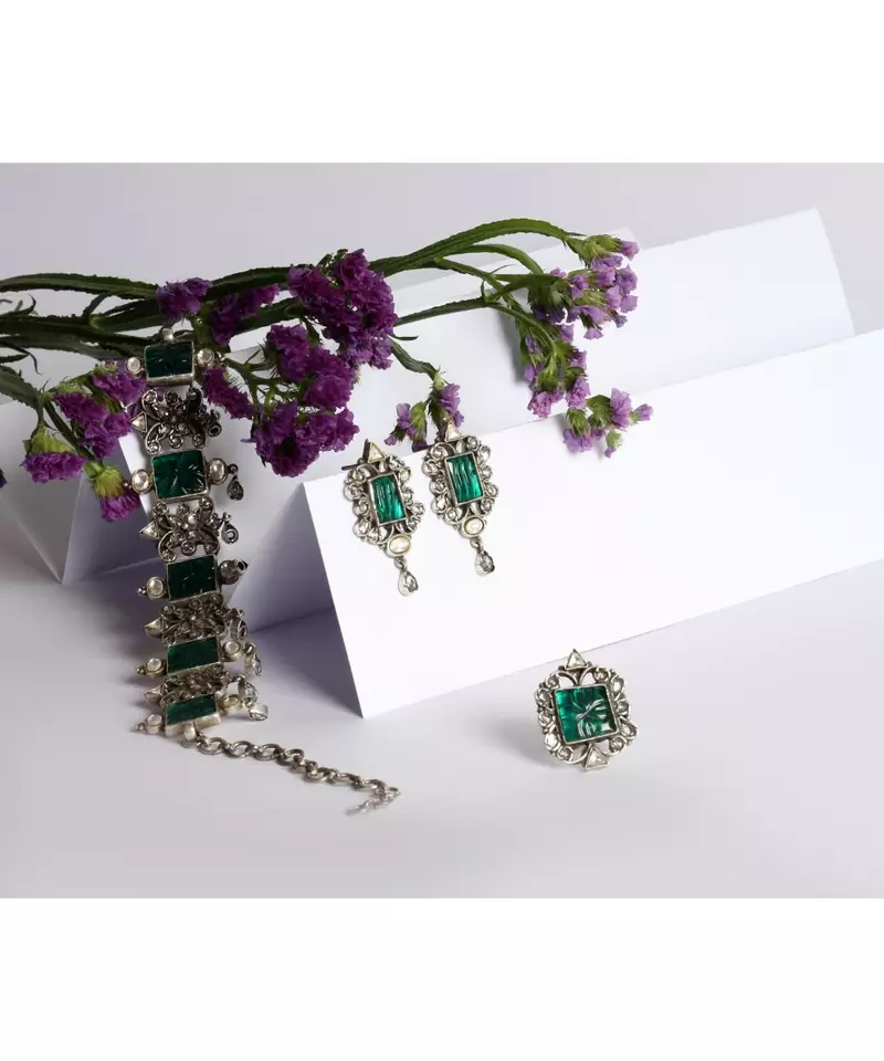 Sangeeta Boochra Silver Earrings, Ring And Choker Set