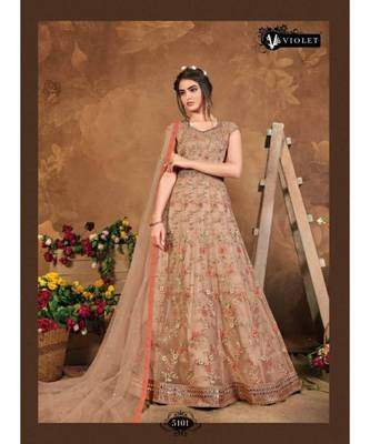 beige embroidered net semi stitched salwar 1
